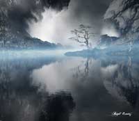 Misty blue lake